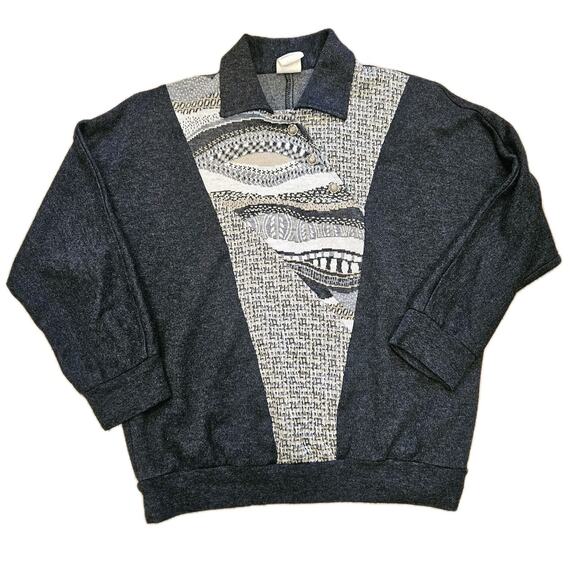 Vtg Graff Geometric Sweater Womens M Gray Beige Boho Hippie Retro Grandmacore - Picture 1 of 9